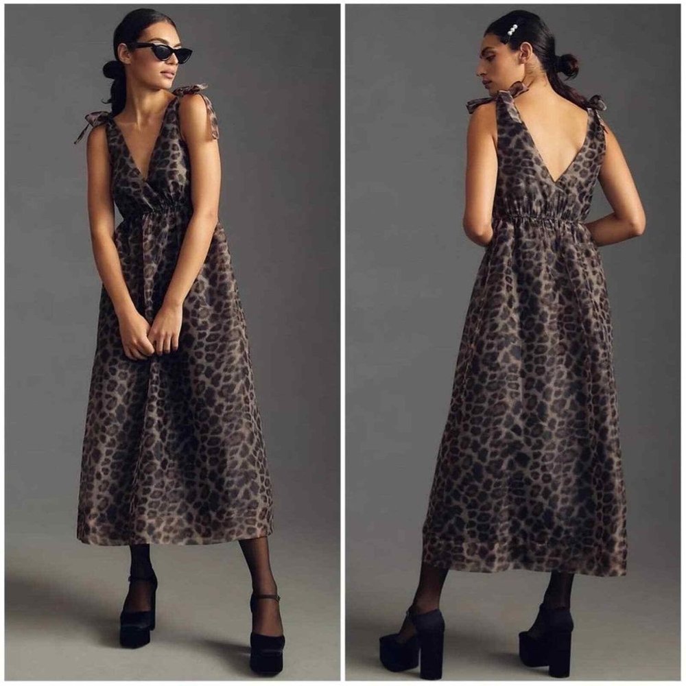 Daniel Rainn for Anthropologie V-neck Organza Leopard Dress Size M (fits M-L)